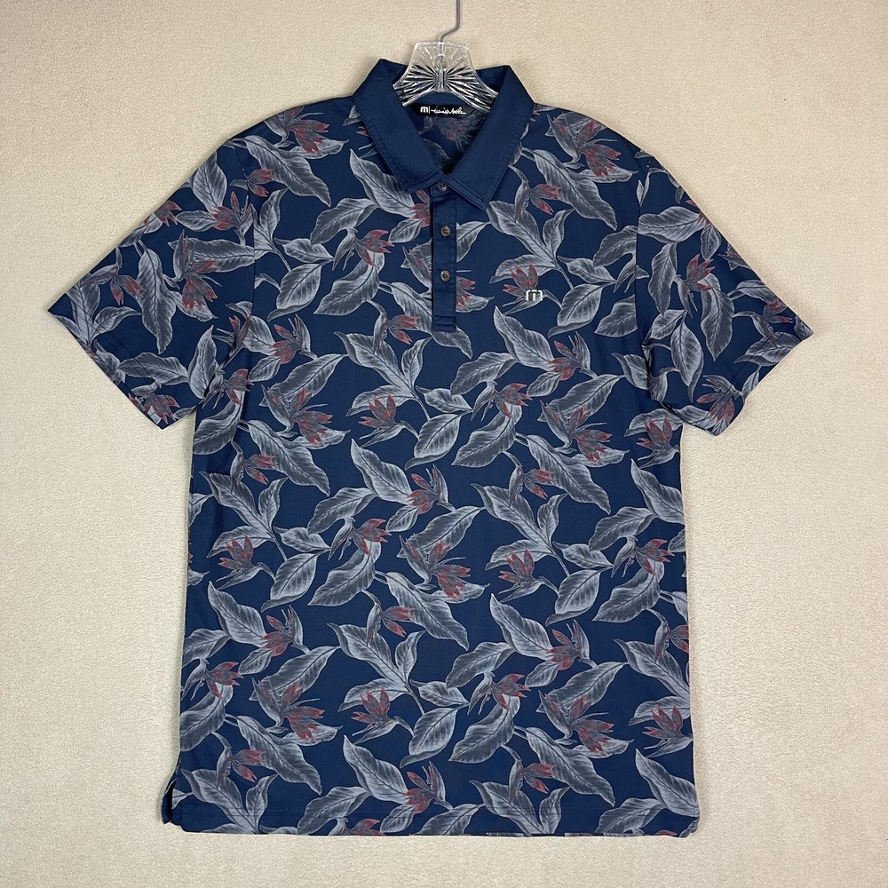 TravisMathew Polo Shirt Mens Large Navy Blue Floral Leaf Print EUC